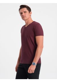 Ombre Clothing - Męska klasyczna bawełniana koszulka z dekoltem w serek BASIC - bordowa V9 OM-TSBS-0145 - XL. Typ kołnierza: dekolt w serek. Kolor: czerwony. Materiał: bawełna. Styl: klasyczny