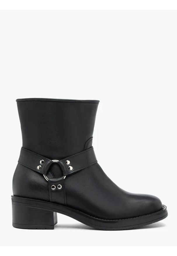 Ryłko - Czarne botki biker boots ze skóry licowej. Zapięcie: zamek. Kolor: czarny. Materiał: skóra. Szerokość cholewki: normalna. Obcas: na obcasie. Styl: street. Wysokość obcasa: średni