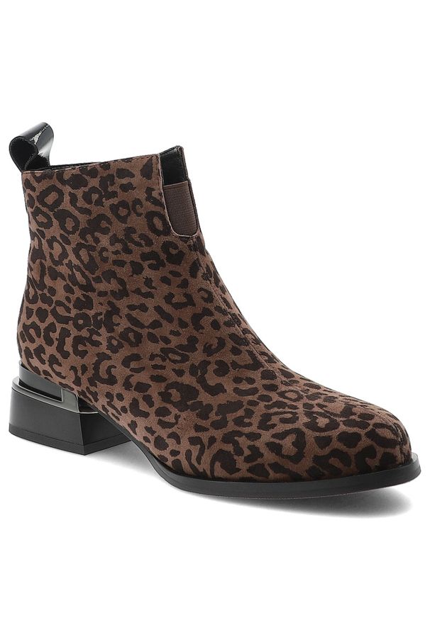 Brązowe Botki S.Barski Eleganckie Buty Damskie Panterka. Okazja: na co dzień. Kolor: brązowy. Materiał: materiał. Szerokość cholewki: normalna. Wzór: motyw zwierzęcy. Obcas: na obcasie. Styl: elegancki. Wysokość obcasa: średni