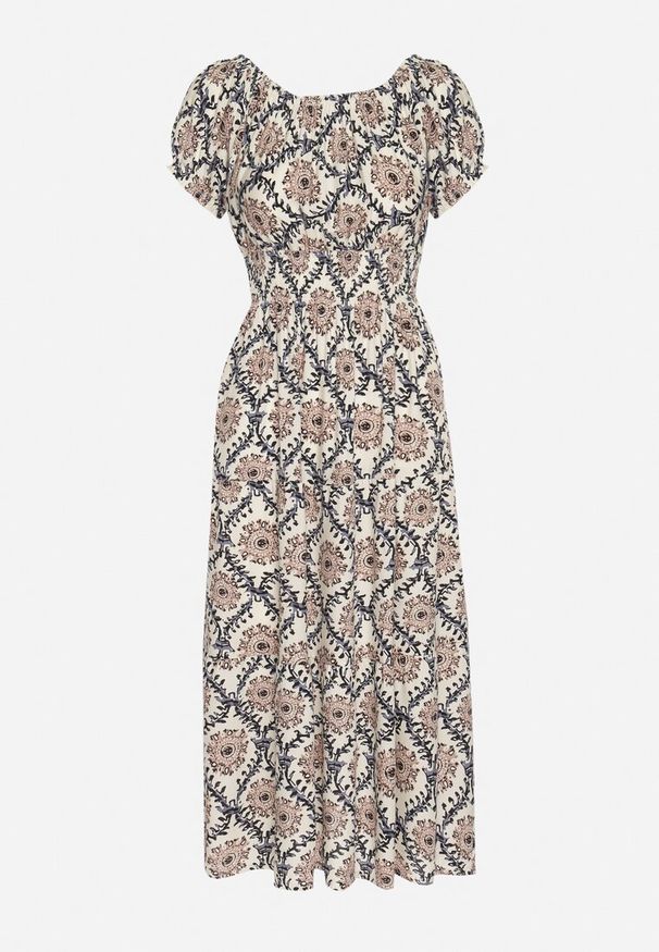 Born2be - Beżowo-Niebieska Sukienka z Bawełną i Bufiastymi Rękawami Revilee. Okazja: na spacer, na co dzień. Kolor: beżowy. Materiał: bawełna. Wzór: aplikacja. Styl: elegancki, casual