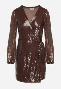 Born2be - Brązowa Cekinowa Sukienka o Kopertowym Kroju z Wiązaniem w Talii Eprelle. Okazja: na imprezę. Kolor: brązowy. Długość rękawa: długi rękaw. Wzór: aplikacja, gładki. Typ sukienki: kopertowe. Styl: elegancki #3