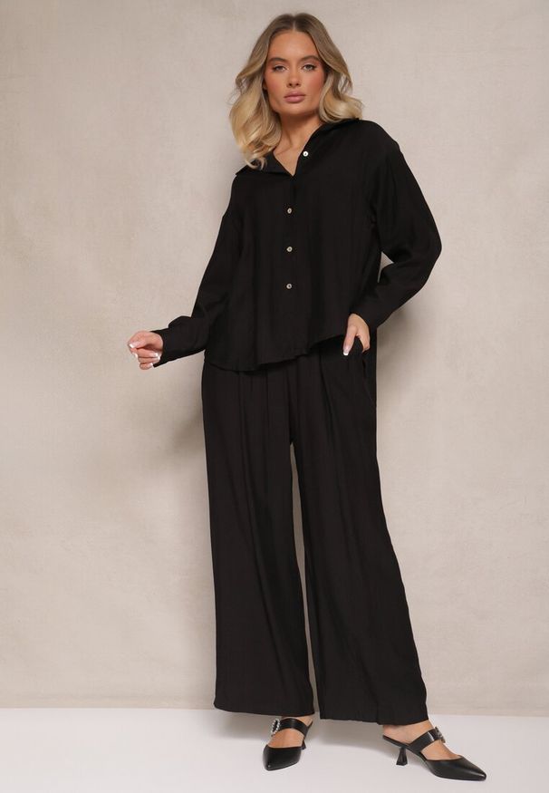 Renee - Czarny Komplet z Wiskozy Koszula i Szerokie Spodnie Eleathia. Kolor: czarny. Materiał: wiskoza. Wzór: aplikacja