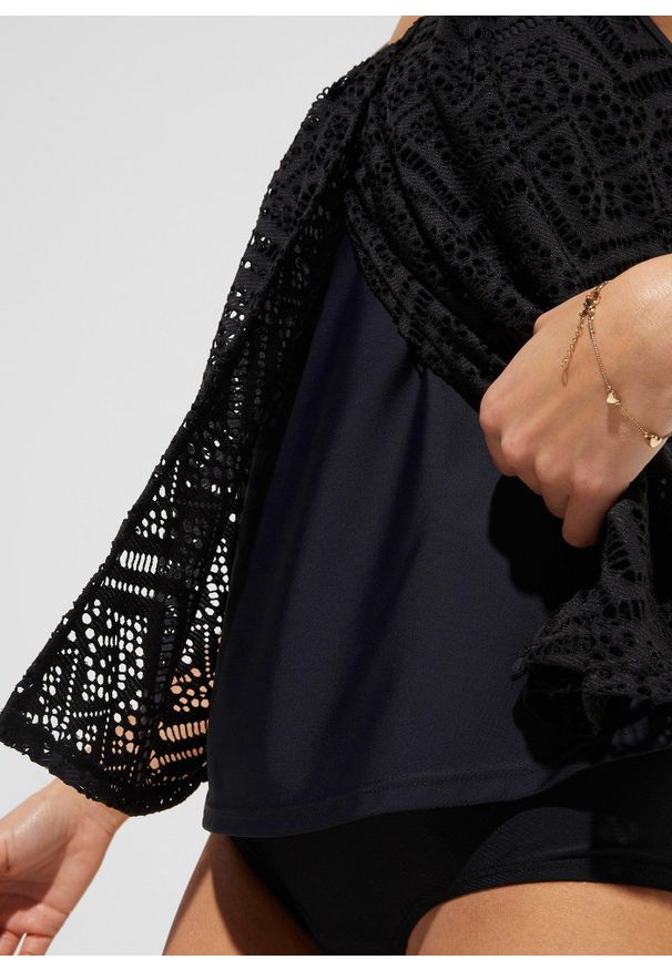 bonprix - Top tankini z koronki. Kolor: czarny. Materiał: koronka. Długość rękawa: na ramiączkach. Wzór: koronka