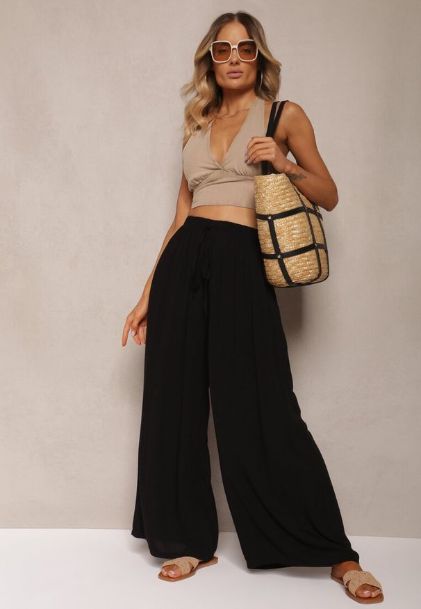 Renee - Czarne Szerokie Spodnie High Waist z Gumką w Talii Ilnena. Okazja: na co dzień. Stan: podwyższony. Kolor: czarny. Styl: klasyczny, elegancki, casual