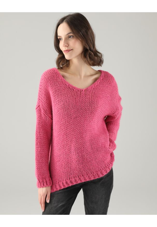 Unisono - RÓŻOWY SWETER Z WEŁNĄ 237-5827 FUXIA. Kolor: różowy. Materiał: wełna