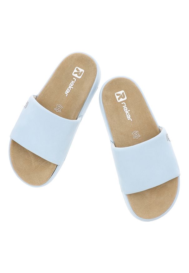 Niebieskie Klapki Rieker Stylowe Płaskie Damskie. Okazja: na co dzień, na plażę, na spacer. Kolor: niebieski. Materiał: materiał. Sezon: lato. Styl: elegancki