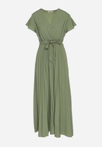Born2be - Ciemnozielona Elegancka Sukienka Maxi w Plisy z Kopertowym Dekoltem i Wiązaniem Thessi. Kolor: zielony. Sezon: lato. Typ sukienki: kopertowe. Styl: elegancki. Długość: maxi