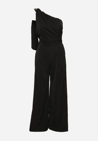 Born2be - Czarny Kombinezon Asymetryczny na Jedno Ramię z Dwoma Kieszeniami Benama. Okazja: na randkę, na imprezę, na wesele, na ślub cywilny. Kolor: czarny #2