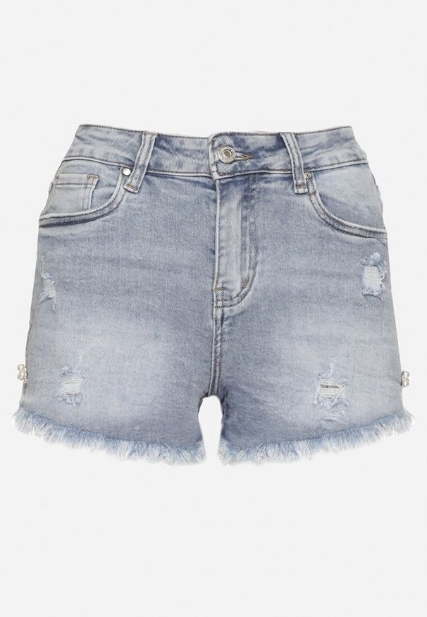Born2be - Niebieskie Szorty Jeansowe z Wysokim Stanem Zdobione Przetarciami i Cyrkoniami Radelli. Okazja: na co dzień. Stan: podwyższony. Kolor: niebieski. Materiał: jeans. Wzór: aplikacja. Styl: klasyczny, elegancki, casual