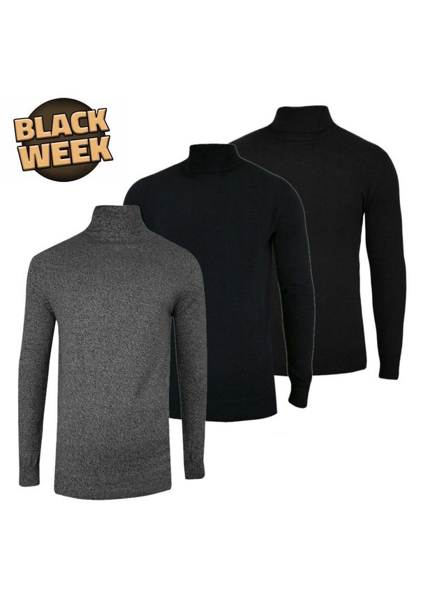 Zestaw Trzech Męskich Golfów - Brave Soul - Czarny, Granatowy i Popielaty Melanż. Typ kołnierza: golf. Kolor: szary, czarny, niebieski, wielokolorowy. Materiał: bawełna. Wzór: melanż. Sezon: zima, jesień. Styl: klasyczny