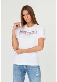 Just Cavalli - JUST CAVALLI Biały damski t-shirt R LOGO CRYSTAL, Rozmiar XL. Kolor: biały. Materiał: bawełna