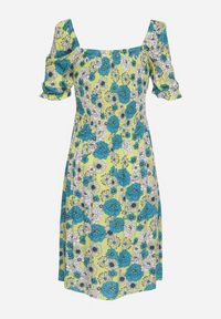 Born2be - Zielono-Niebieska Wiskozowa Sukienka Midi z Gumkami Przy Dekolcie i Wzorem w Kwiaty Alonvaria. Okazja: na spacer, na imprezę. Kolor: zielony. Materiał: wiskoza. Wzór: kwiaty. Sezon: wiosna, lato. Długość: midi #7