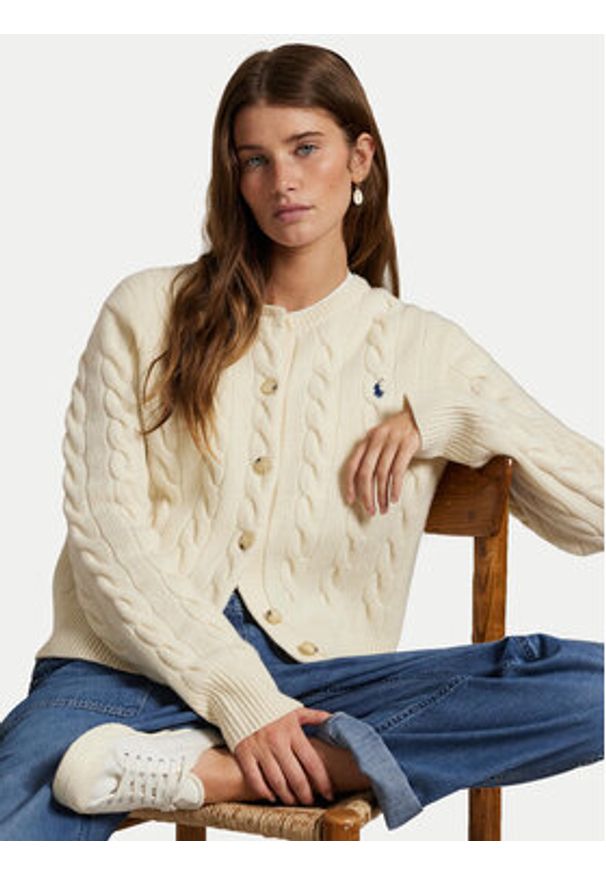 Polo Ralph Lauren Kardigan 211972104002 Biały Slim Fit. Typ kołnierza: polo. Kolor: biały. Materiał: wełna