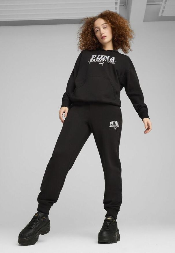 Puma - Damskie wygodne spodnie dresowe PUMA CLASS PUMA Black. Kolor: czarny. Materiał: dresówka. Wzór: nadruk