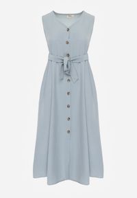 Renee - Jasnoniebieska Trapezowa Sukienka Midi bez Rękawów z Wiązanym Paskiem Ajana. Kolor: niebieski. Materiał: materiał. Długość rękawa: bez rękawów. Typ sukienki: trapezowe. Długość: midi #5