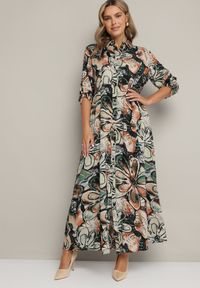 Born2be - Czarno-Beżowa Koszulowa Kwiatowa Sukienka z Wiskozy Ozdobiona Guzikami Enanoris. Okazja: na co dzień. Kolor: czarny. Materiał: wiskoza. Długość rękawa: długi rękaw. Wzór: aplikacja, kwiaty. Typ sukienki: koszulowe. Styl: casual, elegancki #4