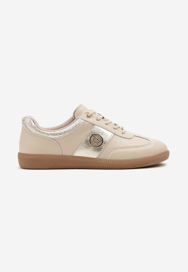 Renee - Ciemnobeżowe Sneakersy Skórzane Typu Kultowe Tenisówki z Metaliczną Aplikacją Ollisena. Zapięcie: sznurówki. Kolor: beżowy. Materiał: skóra. Wzór: aplikacja. Sezon: lato, wiosna. Obcas: na płaskiej podeszwie