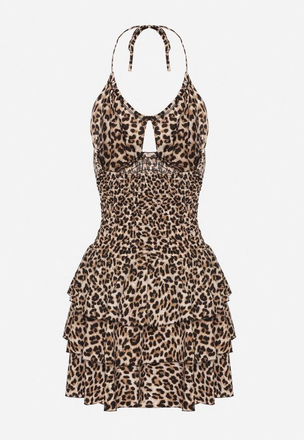 Born2be - Beżowa Sukienka w Cętki Wiązana na Szyi z Falbankami Filanne. Okazja: na co dzień. Typ kołnierza: kołnierz z falbankami. Kolor: beżowy. Styl: casual, elegancki