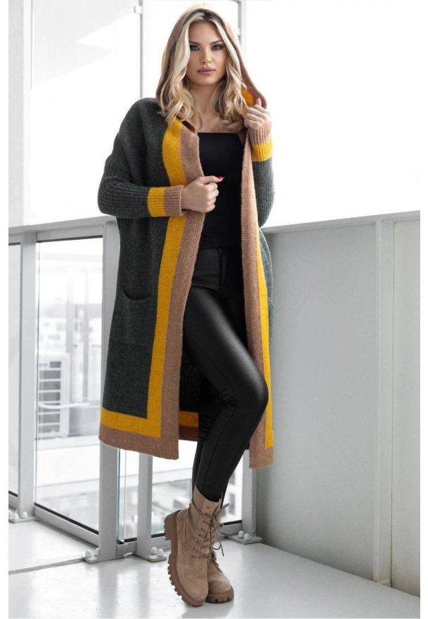 PeeKaBoo - Elegancki długi kardigan z kapturem zielony. Typ kołnierza: kaptur. Kolor: zielony. Materiał: wełna. Długość: długie. Styl: elegancki