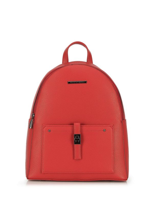 Wittchen - Damski plecak z kieszenią z przodu. Kolor: czerwony. Materiał: skóra ekologiczna. Wzór: paski, aplikacja. Styl: elegancki