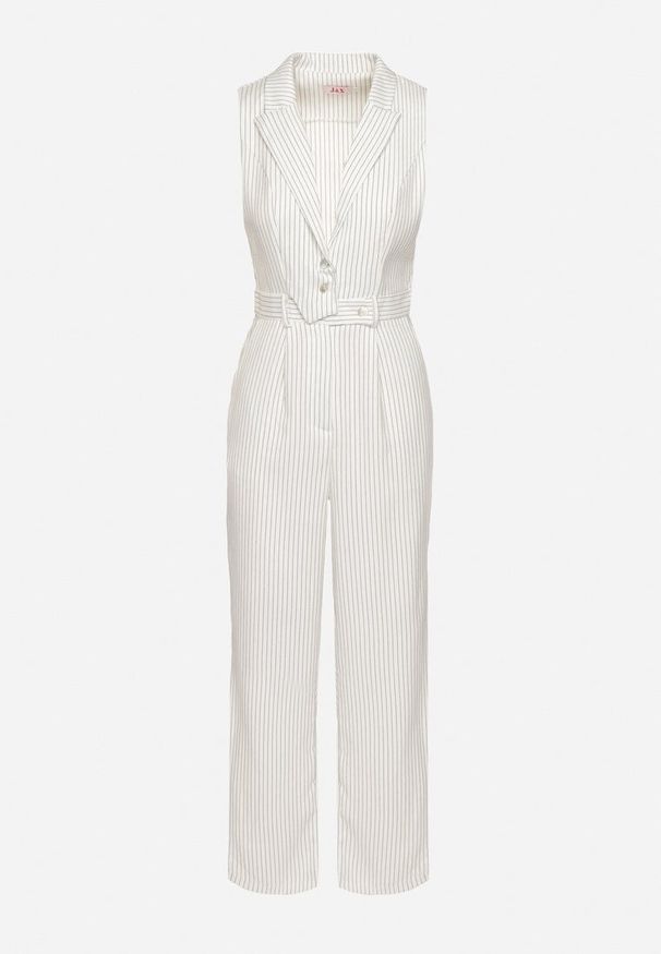 Born2be - Biały Kombinezon w Garniturowym Stylu w Drobne Paski Sarisse. Okazja: na co dzień, na spacer. Kolor: biały. Wzór: paski. Styl: klasyczny, casual, elegancki