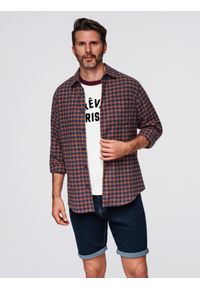 Ombre Clothing - Koszula męska flanelowa w kratę - granatowo-ceglasta V6 OM-SHCS-0150 - XXL. Kolor: niebieski. Materiał: bawełna. Styl: klasyczny #3
