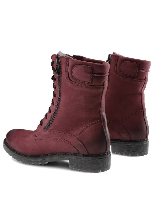 Botki damskie Simen, ze skóry nubukowej z ozdobnym suwakiem , bordowe, 08237-S2079. Zapięcie: sznurówki. Kolor: czerwony. Materiał: nubuk, skóra. Sezon: jesień, zima. Styl: klasyczny