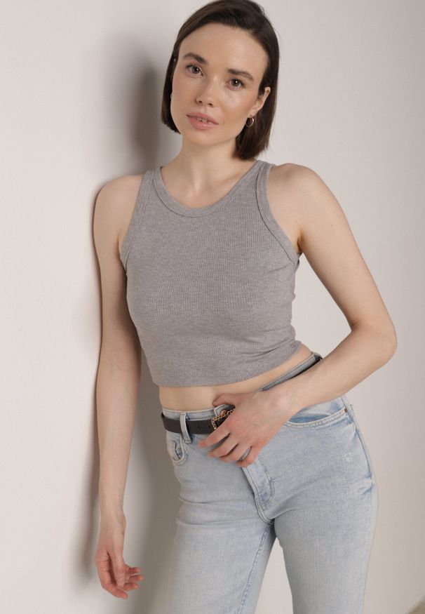 Born2be - Szary Top z Prążkowanego Materiału Zitessa. Okazja: na co dzień. Kolor: szary. Materiał: materiał, prążkowany. Długość rękawa: na ramiączkach. Styl: elegancki, casual, klasyczny