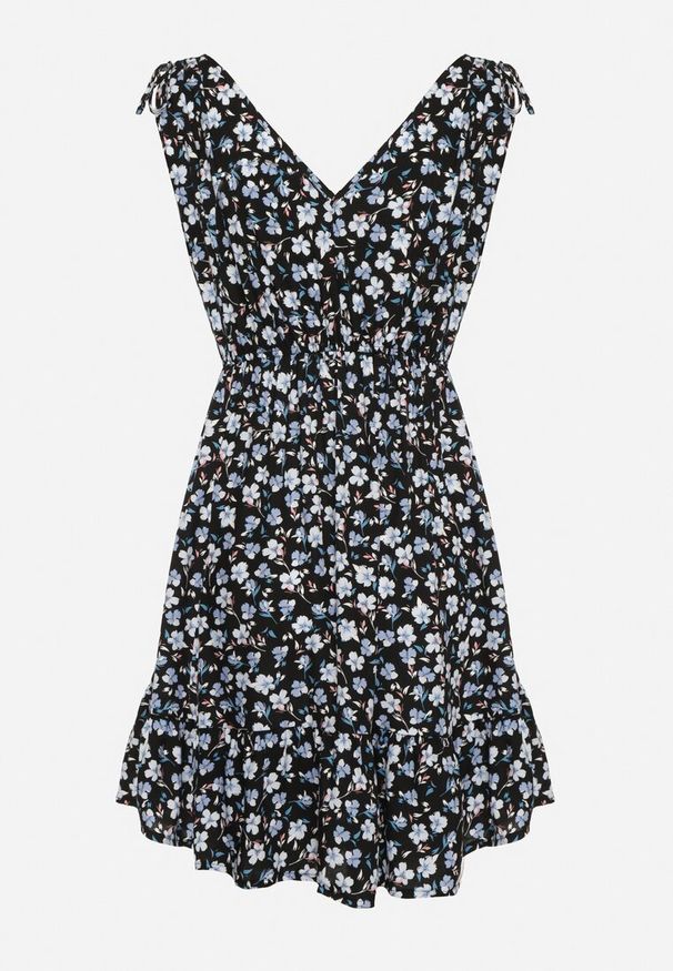 Born2be - Czarno-Niebieska Rozkloszowana Bawełniana Sukienka w Kwiaty z Gumką w Pasie Evieles. Okazja: na spacer, na co dzień. Typ kołnierza: dekolt w kształcie V. Kolor: czarny. Materiał: bawełna. Wzór: kwiaty. Sezon: wiosna, lato. Styl: casual, klasyczny