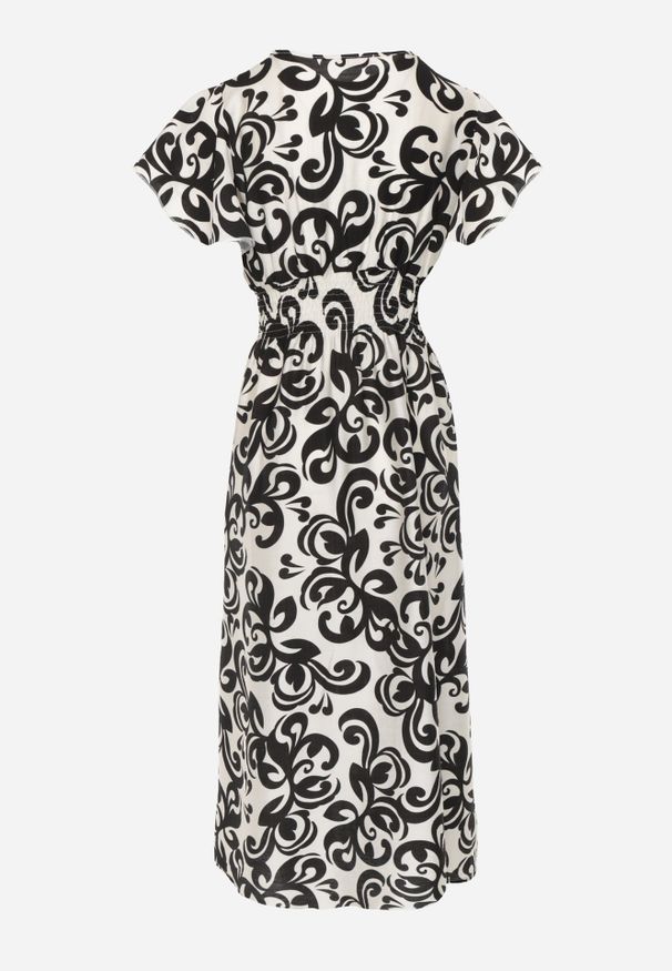 Renee - Czarna Taliowana Sukienka z Wiskozy z Kopertowym Dekoltem Jynaela. Typ kołnierza: dekolt kopertowy. Kolor: czarny. Materiał: wiskoza. Wzór: nadruk. Typ sukienki: kopertowe. Styl: boho