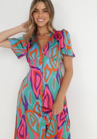 Born2be - Zielono-Różowa Sukienka Eudiche. Kolor: zielony. Wzór: nadruk, aplikacja. Sezon: lato. Długość: midi #4