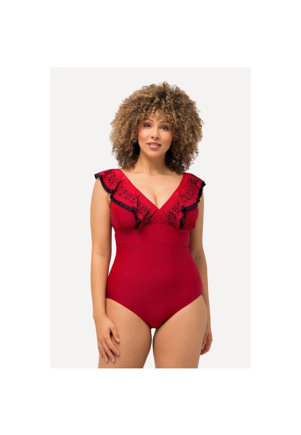 ULLA POPKEN - Damskie Strój kąpielowy falbanki cięty laserowo dekolt w serek miękkie miseczki. Kolekcja: plus size. Kolor: czerwony. Materiał: poliamid, materiał, elastan
