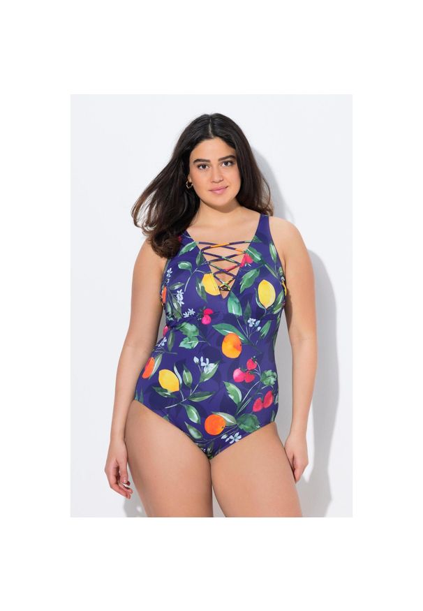 ULLA POPKEN - Damski Kostium kąpielowy owoce miękkie miseczki sznurowanie. Kolekcja: plus size. Kolor: niebieski. Materiał: poliester, elastan, poliamid, materiał