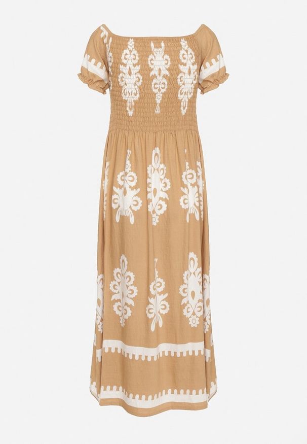 Born2be - Ciemnobeżowa Sukienka o Kroju Hiszpanki Zdobiona Orientalnym Wzorem Aravine. Okazja: na co dzień. Typ kołnierza: dekolt hiszpanka. Kolor: beżowy. Materiał: jeans. Długość rękawa: krótki rękaw. Wzór: aplikacja. Sezon: lato. Styl: casual, elegancki