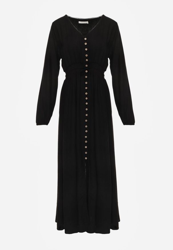 Born2be - Czarna Rozkloszowana Sukienka z Lnem i Wiskozą Zdobiona Guzikami Maitiella. Okazja: na co dzień. Typ kołnierza: dekolt w kształcie V. Kolor: czarny. Materiał: wiskoza, len. Długość rękawa: długi rękaw. Wzór: aplikacja. Sezon: wiosna, lato. Styl: elegancki, casual