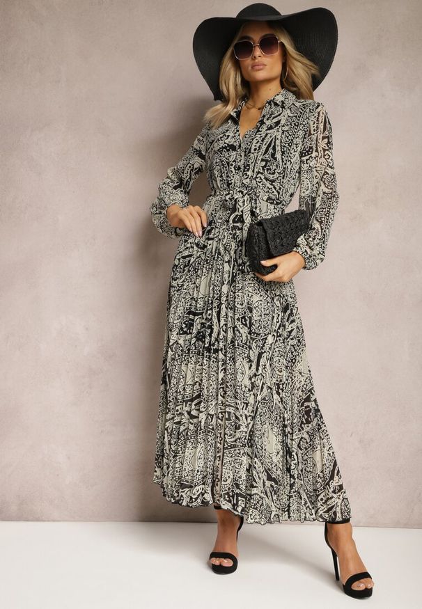 Renee - Beżowo-Czarna Sukienka Rozkloszowana z Wiązanym Paskiem Blerore. Kolor: beżowy. Materiał: materiał. Typ sukienki: koszulowe. Długość: maxi