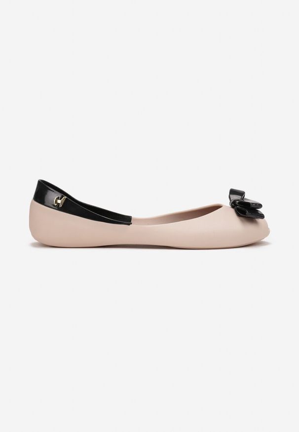 Renee - Beżowo-Czarne Płaskie Balerinki w Stylu Melisek Ozdobione Kokardką Serceria. Kolor: beżowy. Materiał: jeans. Wzór: aplikacja. Styl: elegancki
