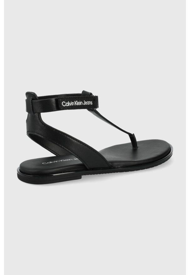 Calvin Klein Jeans sandały skórzane damskie kolor czarny. Zapięcie: rzepy. Kolor: czarny. Materiał: skóra. Wzór: gładki. Obcas: na obcasie. Wysokość obcasa: niski