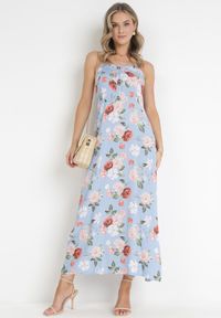 Born2be - Niebieska Sukienka Maxi na Szerokich Ramiączkach z Ozdobnymi Guzikami w Kwiaty Delphyne. Kolor: niebieski. Materiał: tkanina. Długość rękawa: na ramiączkach. Wzór: kwiaty. Długość: maxi #2