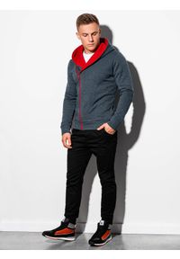 Ombre Clothing - Bluza męska rozpinana z kapturem - grafitowa/czerwona PRIMO - XL. Typ kołnierza: kaptur. Kolor: szary. Materiał: bawełna, poliester. Styl: młodzieżowy #5
