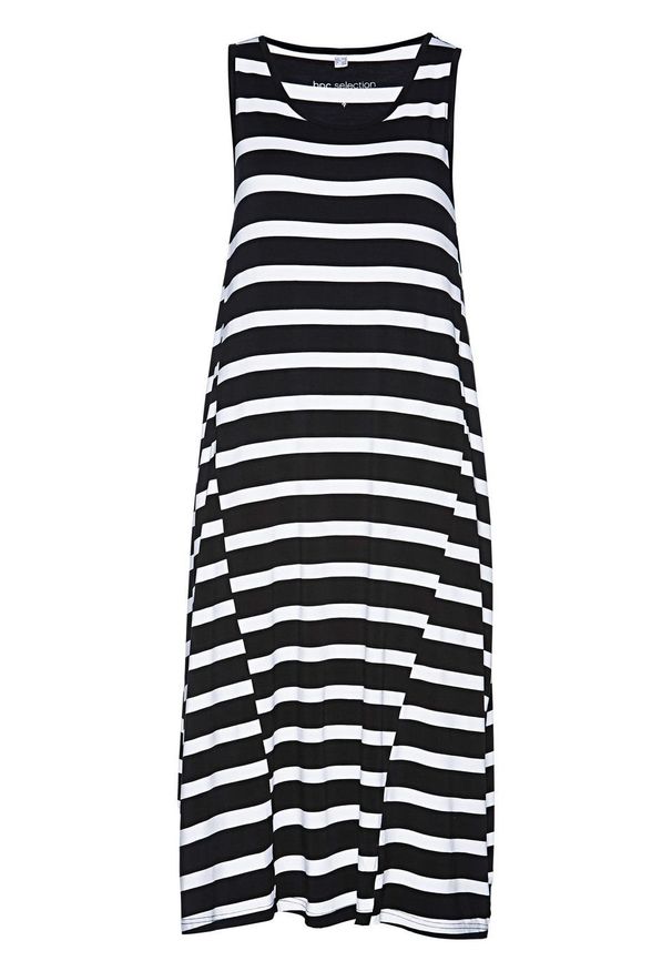 Sukienka midi z dżerseju bonprix czarno-biały w paski. Kolor: czarny. Materiał: jersey. Wzór: paski. Typ sukienki: asymetryczne. Długość: midi
