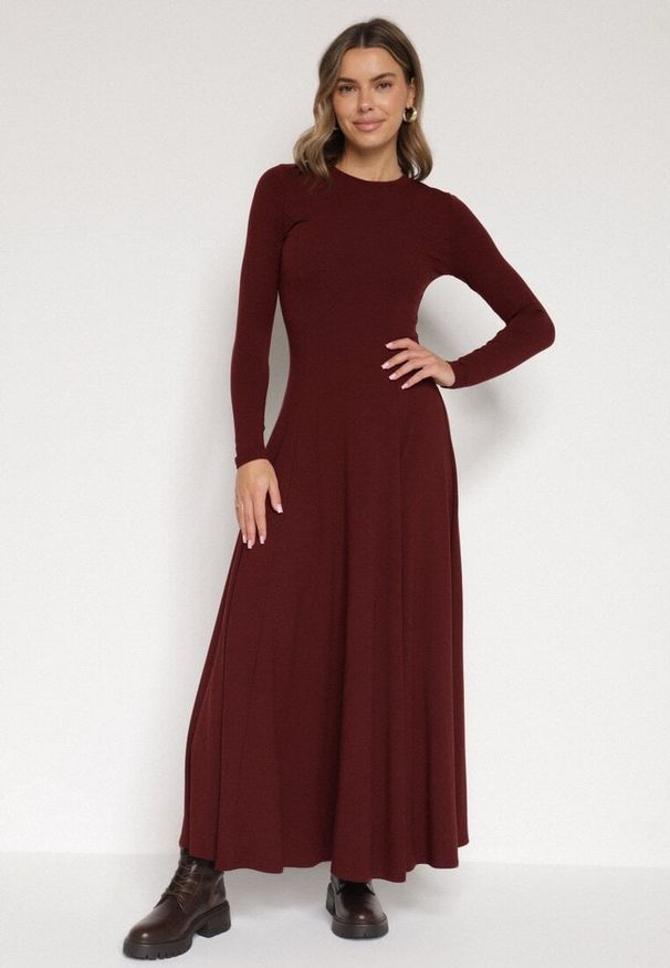 Born2be - Bordowa Bawełniana Sukienka o Rozkloszowanym Kroju Tuselenea. Okazja: na co dzień. Kolor: czerwony. Materiał: bawełna. Typ sukienki: proste. Styl: casual, elegancki