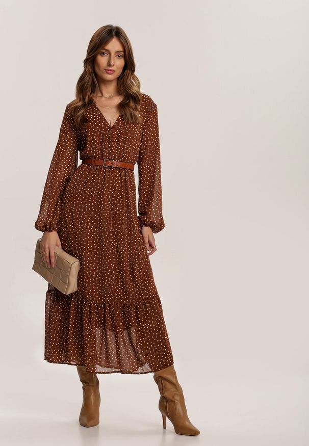Renee - Brązowa Sukienka Wheatmore. Kolor: brązowy. Wzór: kropki. Długość: midi
