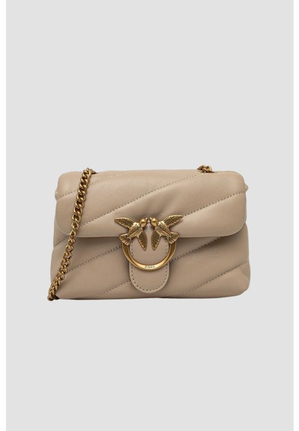 Pinko - PINKO Beżowa skórzana damska torebka kopertówka Love Puff Mini CL. Kolor: beżowy. Materiał: skórzane. Styl: casual, elegancki