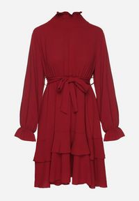 Born2be - Bordowa Sukienka z Falbanami i Marszczonym Golfem z Dodatkowym Wiązanym Paskiem Savelina. Okazja: na imprezę. Typ kołnierza: golf. Kolor: czerwony. Typ sukienki: rozkloszowane. Styl: elegancki, klasyczny #5