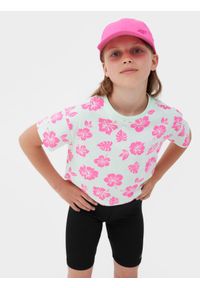 4F JUNIOR - T-shirt crop top z nadrukiem dziewczęcy - multikolor. Kolor: wielokolorowy. Materiał: bawełna. Wzór: nadruk
