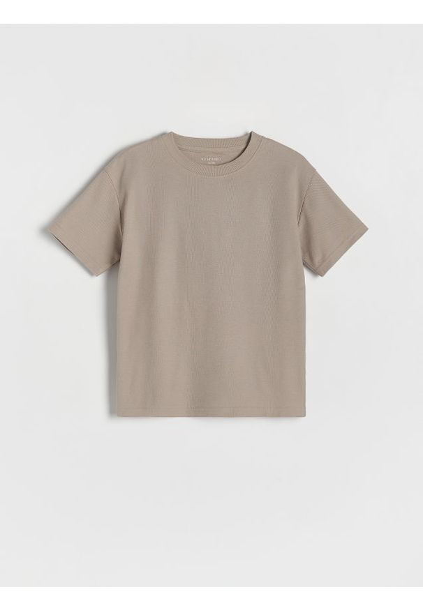 Reserved - T-shirt oversize - beżowy. Kolor: beżowy. Materiał: dzianina, bawełna