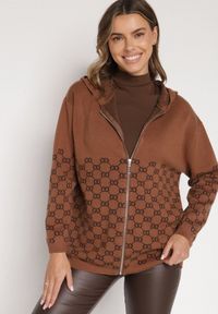 Born2be - Brązowy Kardigan na Suwak z Kapturem i Geometrycznym Motywem Lunetusa. Okazja: na co dzień. Typ kołnierza: kaptur. Kolor: brązowy. Materiał: jeans. Wzór: geometria. Styl: casual, elegancki #1