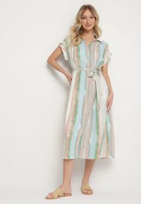 Born2be - Niebieska Sukienka z Wiskozy o Koszulowym Kroju z Wiązanym Paskiem Iffira. Okazja: na co dzień, na spotkanie biznesowe. Typ kołnierza: kołnierzyk klasyczny. Kolor: niebieski. Materiał: wiskoza. Typ sukienki: koszulowe. Styl: biznesowy, casual, elegancki, klasyczny #1