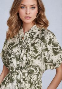 Born2be - Zielono-Beżowa Taliowana Sukienka z Gumką w Pasie Zapinana na Guziki Nasica. Okazja: na co dzień. Kolor: zielony. Materiał: materiał, wiskoza, jeans. Długość rękawa: krótki rękaw. Typ sukienki: proste. Styl: klasyczny, casual, elegancki #3